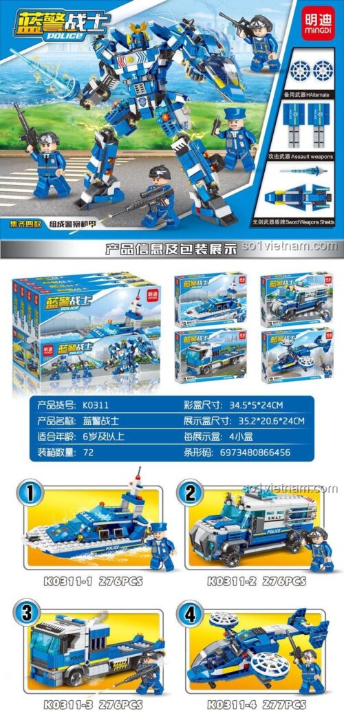 Các mô hình lắp ráp từ bộ MINDING K0311 Chiến Binh Cảnh Sát Robot Cảnh Sát 1105 chi tiết