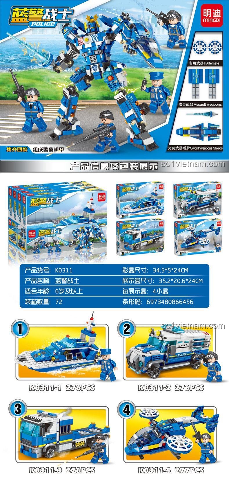 Các mô hình lắp ráp từ bộ MINDING K0311 Chiến Binh Cảnh Sát Robot Cảnh Sát 1105 chi tiết