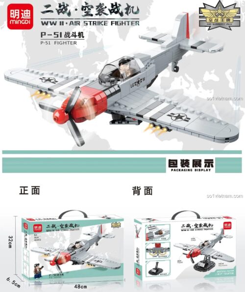 đồ chơi lắp ráp Mingdi 9039 hộp máy bay chiến đấu P-51 Mustang hiển thị kích thước