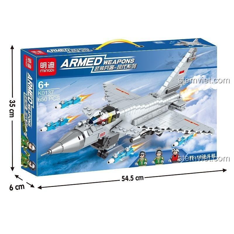 Kích thước hộp bộ lắp ghép Máy bay chiến đấu J-10 Mingdi K0137, thể hiện chiều dài 54.5cm, chiều rộng 6cm, chiều cao 35cm, phù hợp làm quà tặng