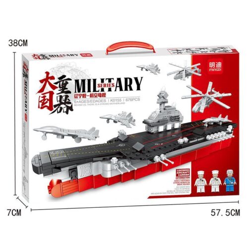 Bộ lắp ráp Mingdi K0155 Tàu sân bay Liêu Ninh 676 mảnh ghép, mô hình quân sự cho bé trai 6 tuổi, giá tốt, hiển thị kích thước hộp và mô hình.