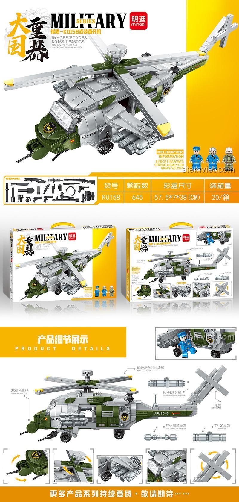 Đồ chơi mô hình Trực thăng vũ trang K0158 Leibao, bộ xếp hình máy bay trực thăng quân sự với vũ khí hạng nặng, phát triển tư duy cho bé trai 6 tuổi.