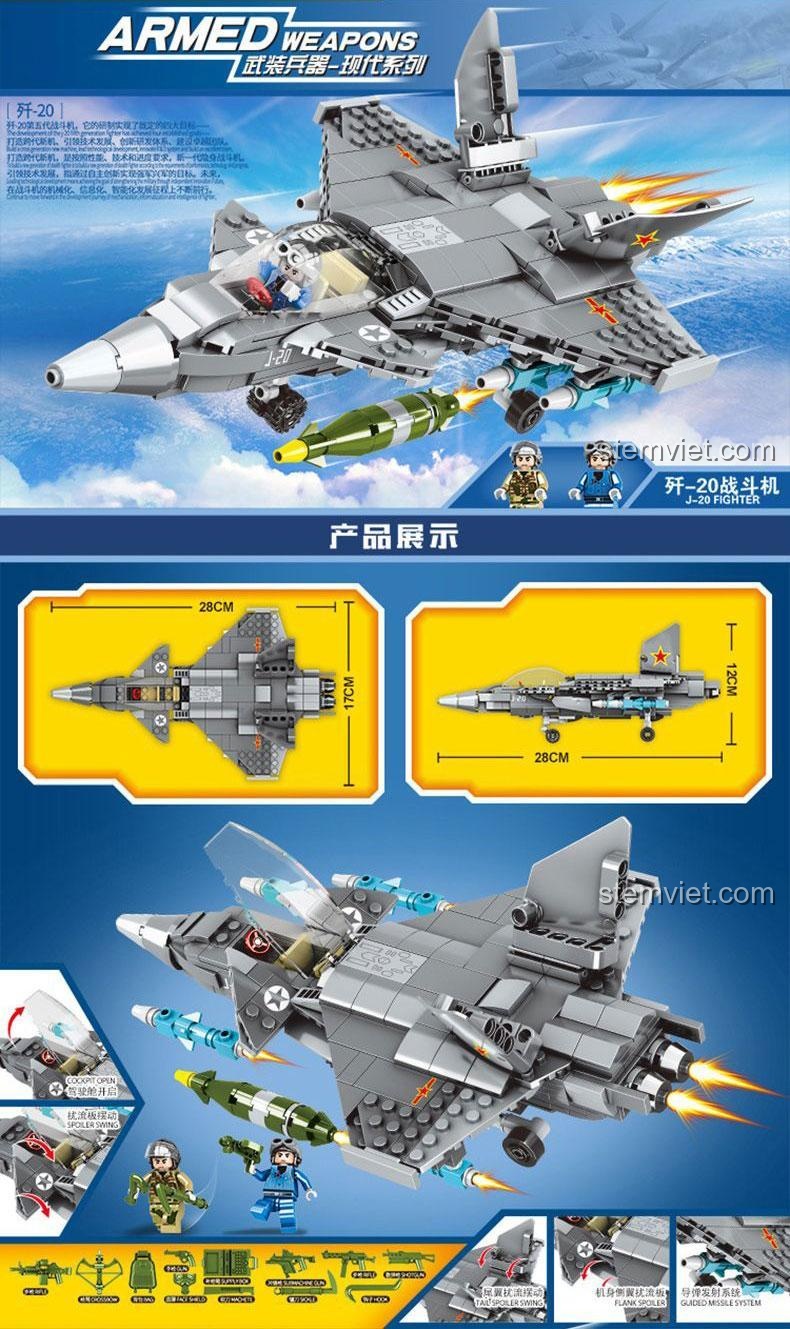 Máy bay chiến đấu J-20 K0163 明迪minGDi, bộ đồ chơi máy bay chiến đấu J-20, 6+ tuổi, 370 mảnh, màu xám, có minifigure, kích thước mô hình 28x17x12 cm