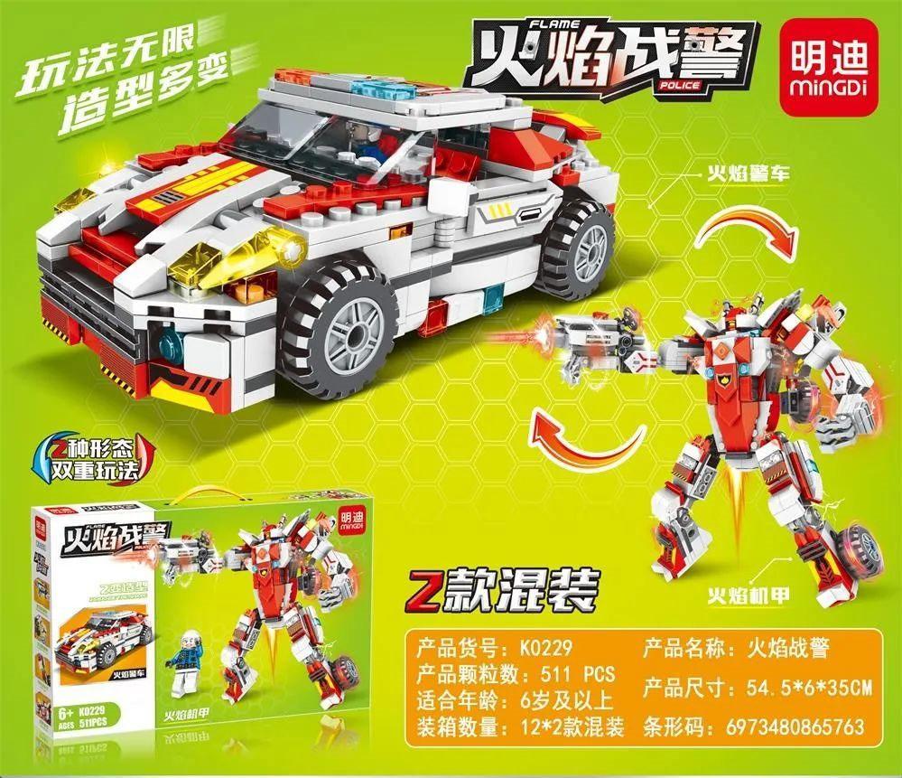 Bộ đồ chơi Mingdi K0229 Chiến Binh Lửa biến hình 2 trong 1, mô hình xe cảnh sát và robot cho bé trai 6 tuổi, chất lượng cao, giá tốt.