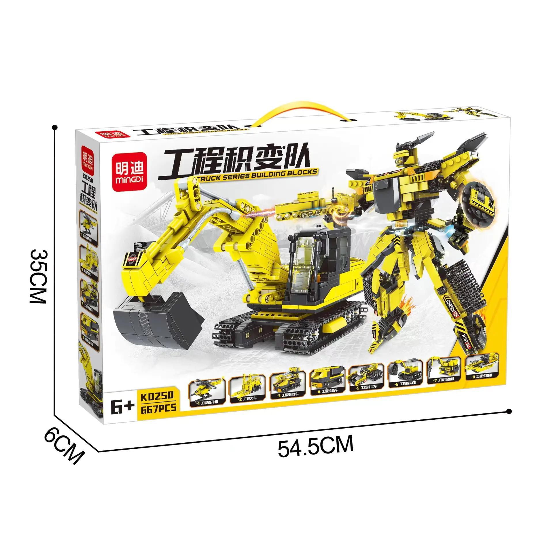 Bộ lắp ghép Robot Biến Hình Xe Công Trình minGDi K0250 giá tốt cho bé trai 6 tuổi, hộp sản phẩm thể hiện kích thước và các mẫu lắp được.