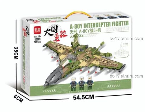 Hộp bộ lắp ráp Mingdi K0289 Máy bay chiến đấu Thiên Hình A-80Y, hiển thị kích thước hộp 54.5x35x6 cm, đồ chơi xây dựng cho bé trai 6 tuổi, giá rẻ.