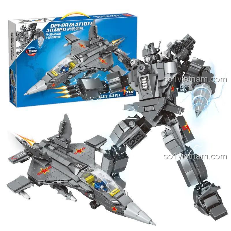 Hộp đồ chơi lắp ráp Mingdi K0319 Máy bay chiến đấu J-35 Biến Hình Robot, bộ xếp hình 516 chi tiết, đồ chơi mô hình robot biến hình cho bé trai 6 tuổi.