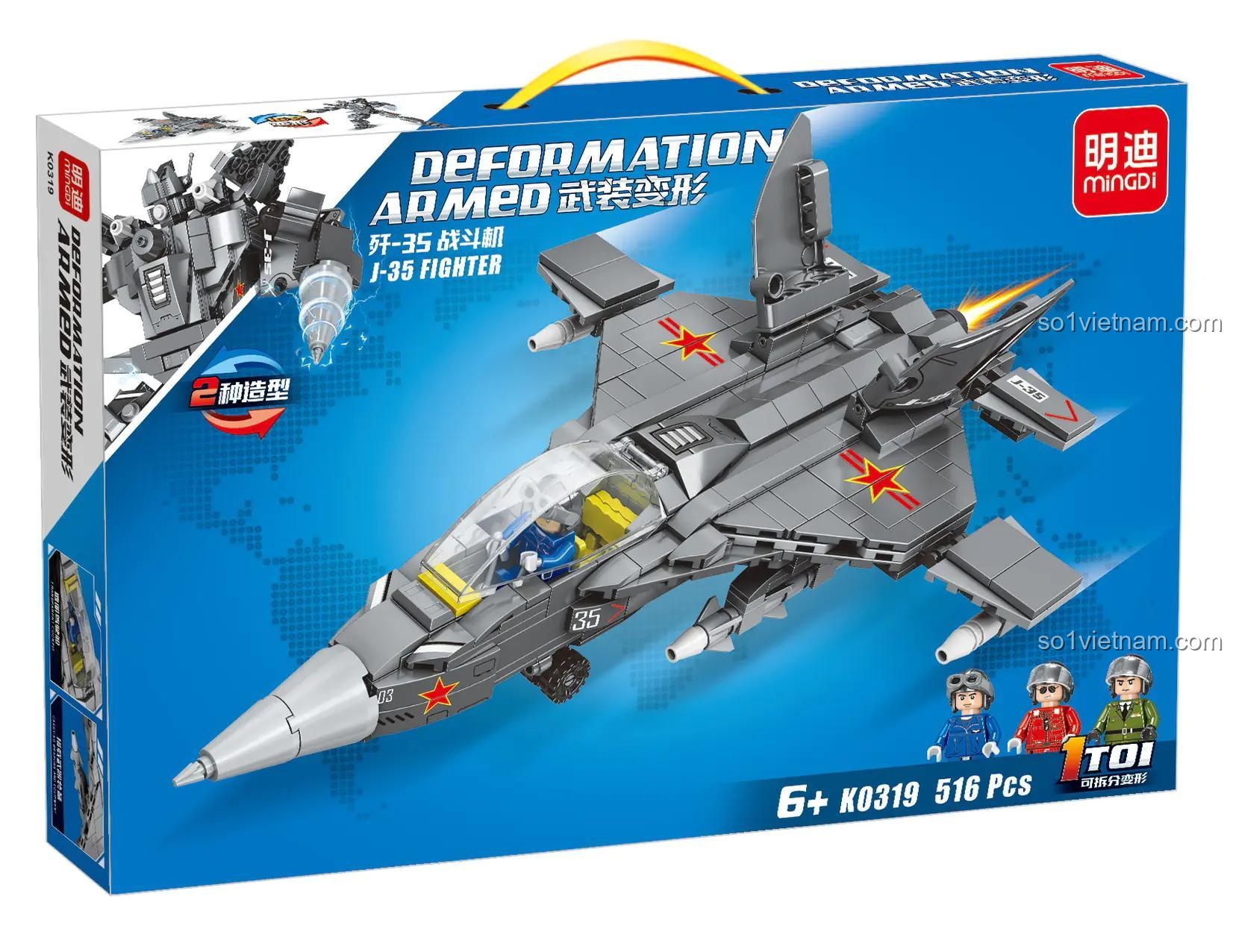 Hộp sản phẩm đồ chơi lắp ráp Mingdi K0319 Máy bay chiến đấu J-35 Biến Hình Robot, bộ lắp ghép 516 chi tiết, quà tặng bé trai 6 tuổi giá tốt.