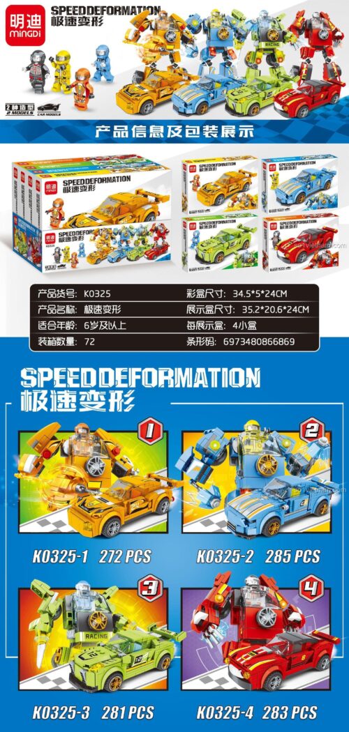 Chi tiết 4 mẫu xe đua biến hình thành robot trong bộ MINGDI K0325, đồ chơi mô hình sáng tạo cho con trai.