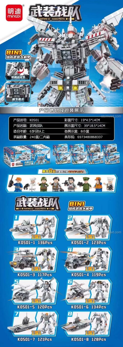 Chi tiết các mẫu lắp ráp của đồ chơi mô hình Robot Hợp Thể 8 trong 1 K0501, bao gồm 8 phương tiện và 1 robot lớn.