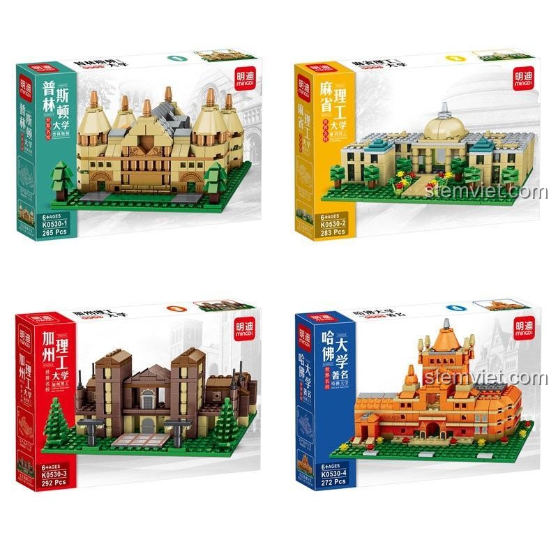 Hình ảnh 4 hộp riêng lẻ của bộ đồ chơi mô hình MINGDI K0530, bao gồm Đại học Princeton, MIT, Caltech và Harvard. Mỗi hộp có thiết kế riêng biệt.