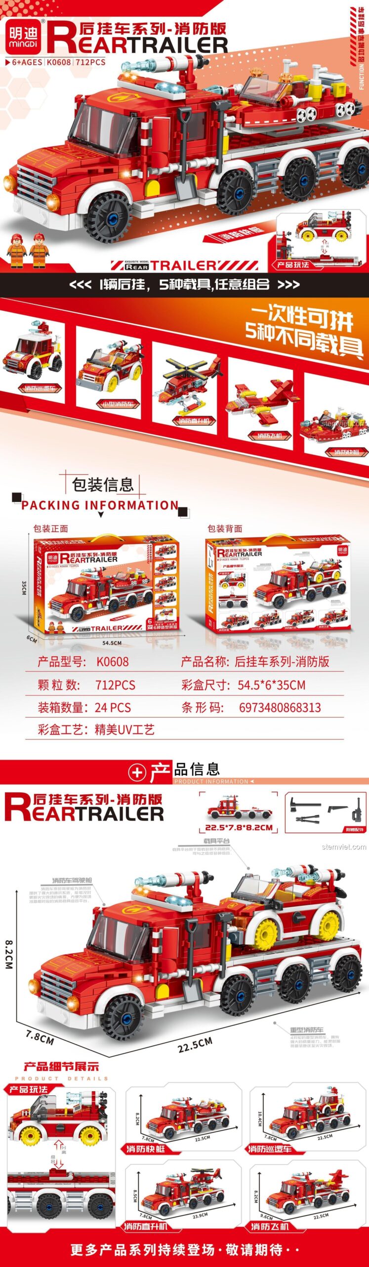 Mô hình Xe Cứu Hỏa Đa Năng Kèm Rơ Moóc Mingdi K0608 với 712 chi tiết, thể hiện khả năng lắp ráp 6 kiểu xe khác nhau, phù hợp cho bé trai 6 tuổi.
