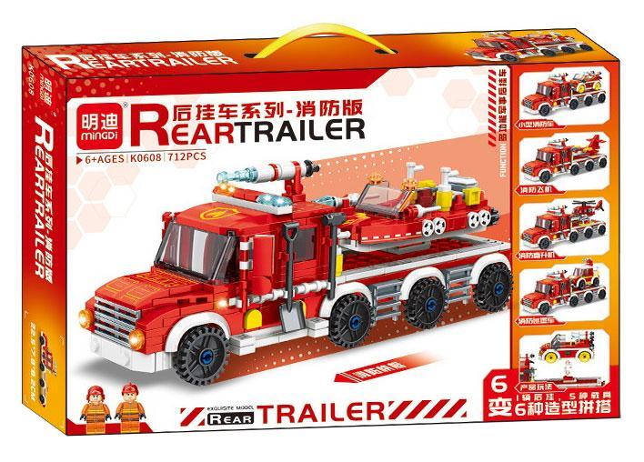 Hộp bộ đồ chơi lắp ráp Xe Cứu Hỏa Đa Năng Kèm Rơ Moóc Mingdi K0608 712 mảnh cho bé trai 6 tuổi, giá tốt, có thể lắp 6 kiểu khác nhau.