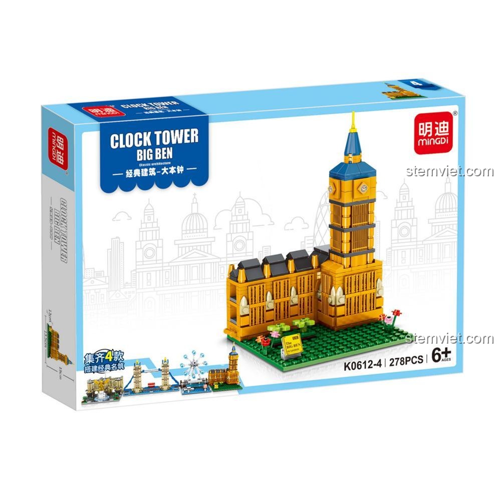 Ảnh tổng hợp thông tin chi tiết của bộ xếp hình MingDi K0612, bao gồm 4 mô hình, số mảnh mỗi mô hình và kích thước hộp.