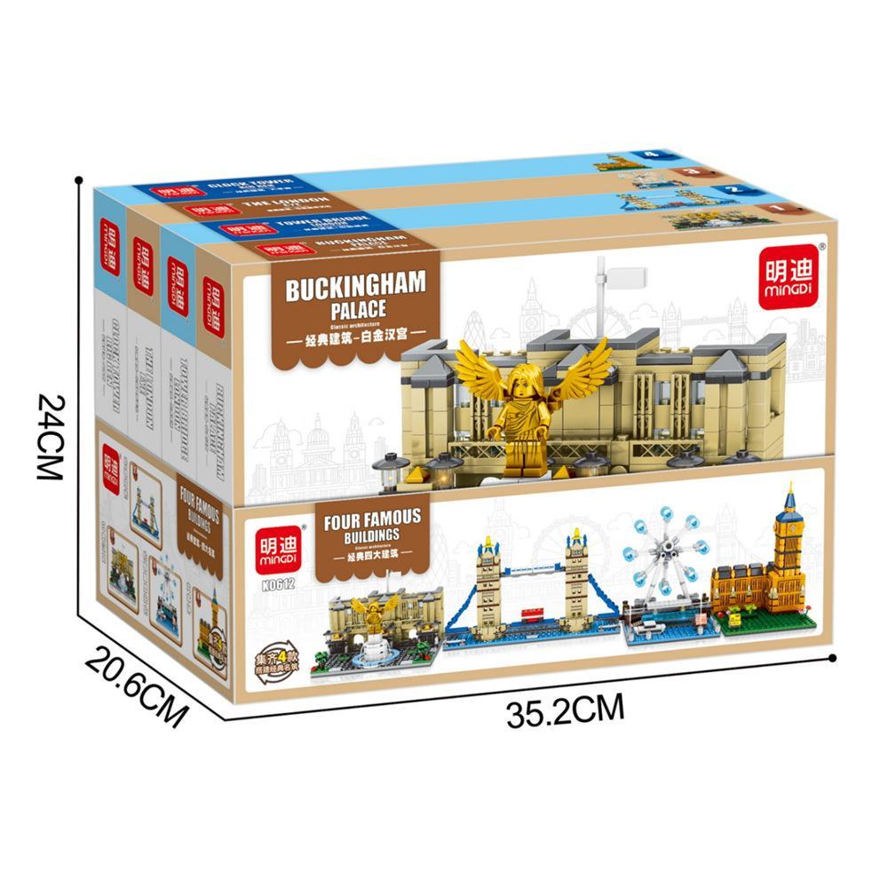 Hộp lớn của bộ lắp ráp MingDi K0612 4 công trình kiến trúc London, hiển thị kích thước hộp 35.2x20.6x24cm, phù hợp cho bé trai và bé gái trên 6 tuổi.
