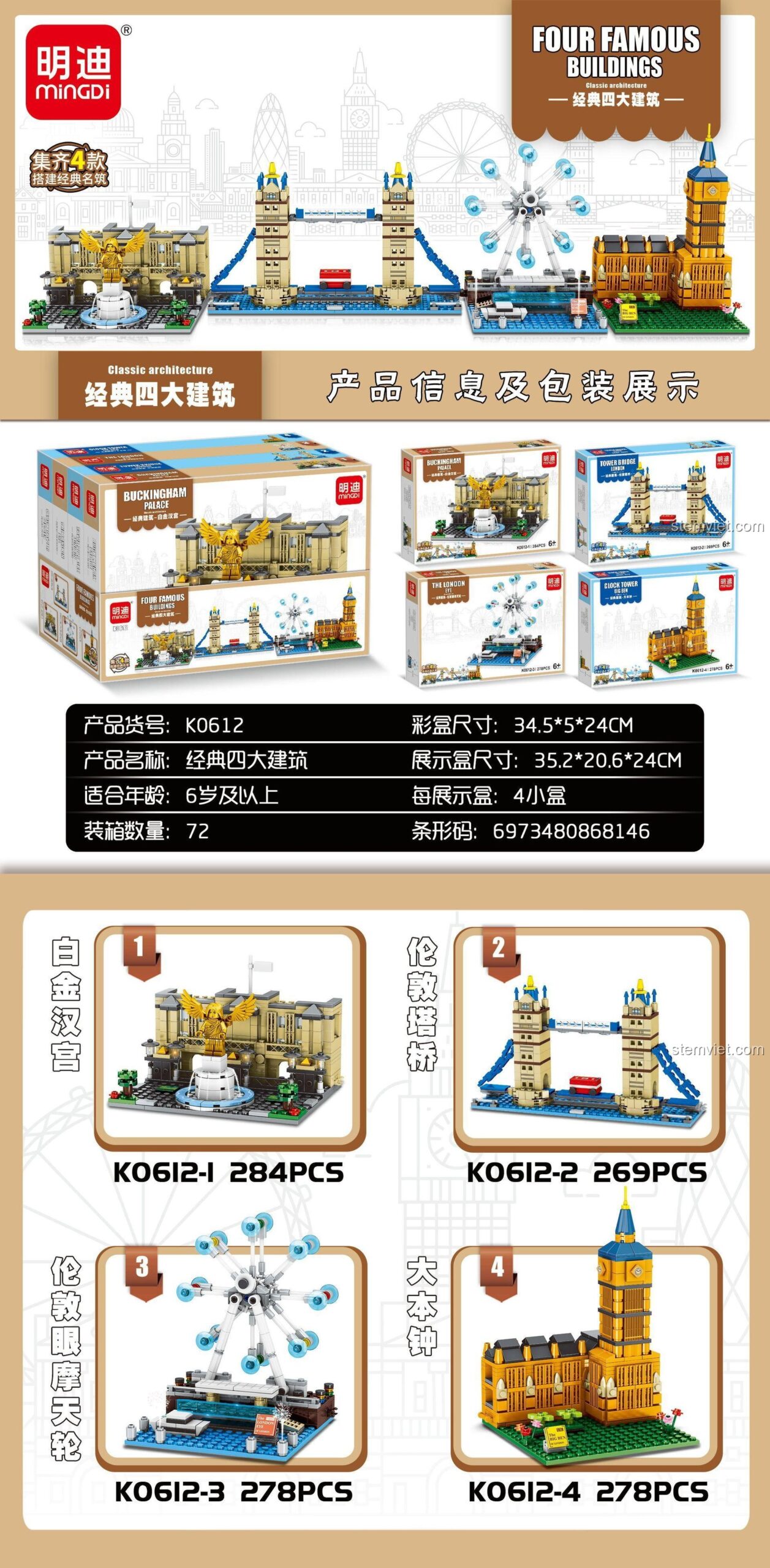 Hộp riêng của mô hình Cung điện Buckingham K0612-1 thuộc bộ đồ chơi mô hình kiến trúc London MingDi, với 284 mảnh ghép.