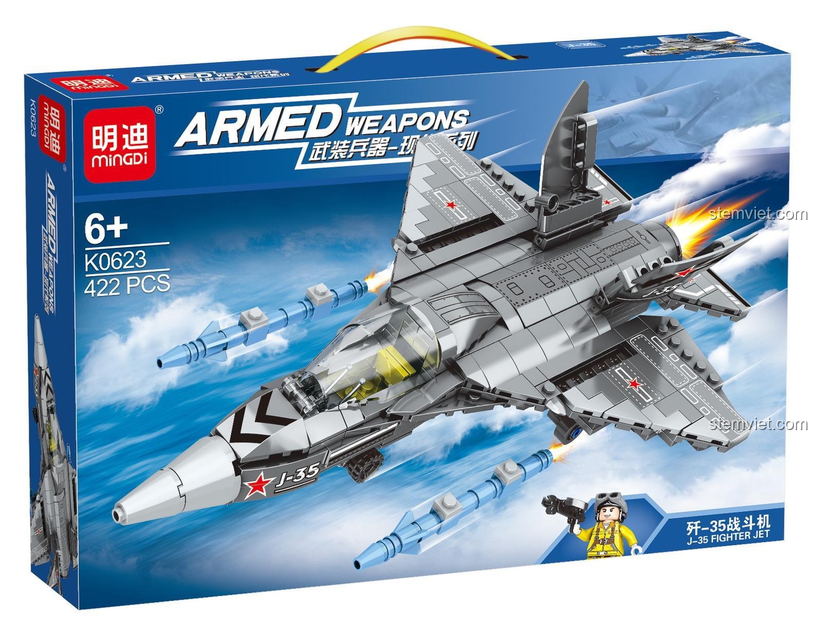 Đồ chơi mô hình Tiêm kích tàng hình J-35 Mingdi K0623 với 1 minifigure phi công, phù hợp cho bé trai 6 tuổi.