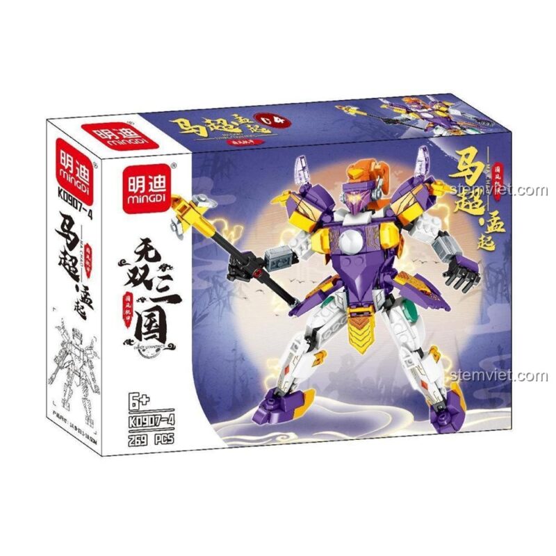 Poster giới thiệu trọn bộ 4 Chiến giáp Tam Quốc LEIBAO 907, bao gồm Quan Vũ, Lữ Bố, Triệu Vân và Mã Siêu.