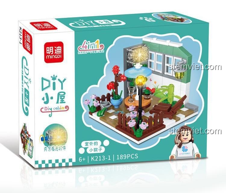 Hộp đồ chơi lắp ghép Ngôi nhà DIY Mingdi K213-1, mô hình sân vườn ngoài trời 189 mảnh, có đèn phát sáng, cho bé gái 6 tuổi