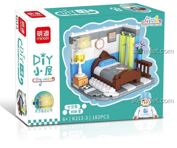 Hộp bộ xếp hình Ngôi nhà DIY Mingdi K213-3, mô hình phòng ngủ trong không gian 182 mảnh, có đèn phát sáng, cho bé gái 6 tuổi