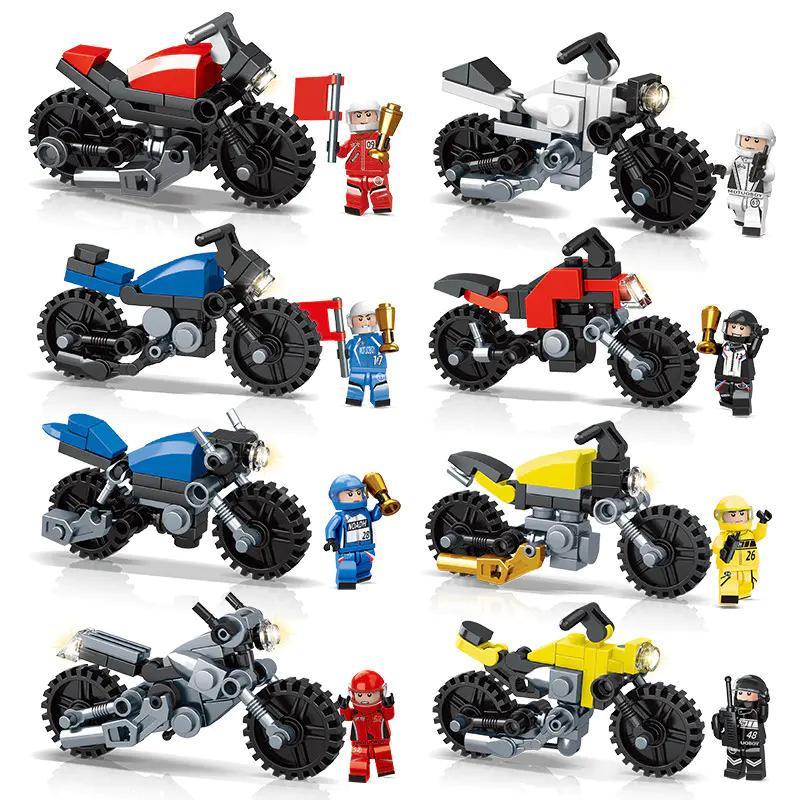 Bộ đồ chơi minGDi LEIBAO K216 Bộ 8 Xe Mô Tô Tốc Độ, 496 mảnh ghép, kèm 8 minifigures tay đua, giá tốt cho bé trai 6 tuổi đam mê tốc độ.