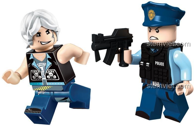 Minifigure hai mặt của Xe cảnh sát tấn công 1912, bao gồm cảnh sát và kẻ tấn công, chi tiết sắc nét, kích thích sáng tạo.