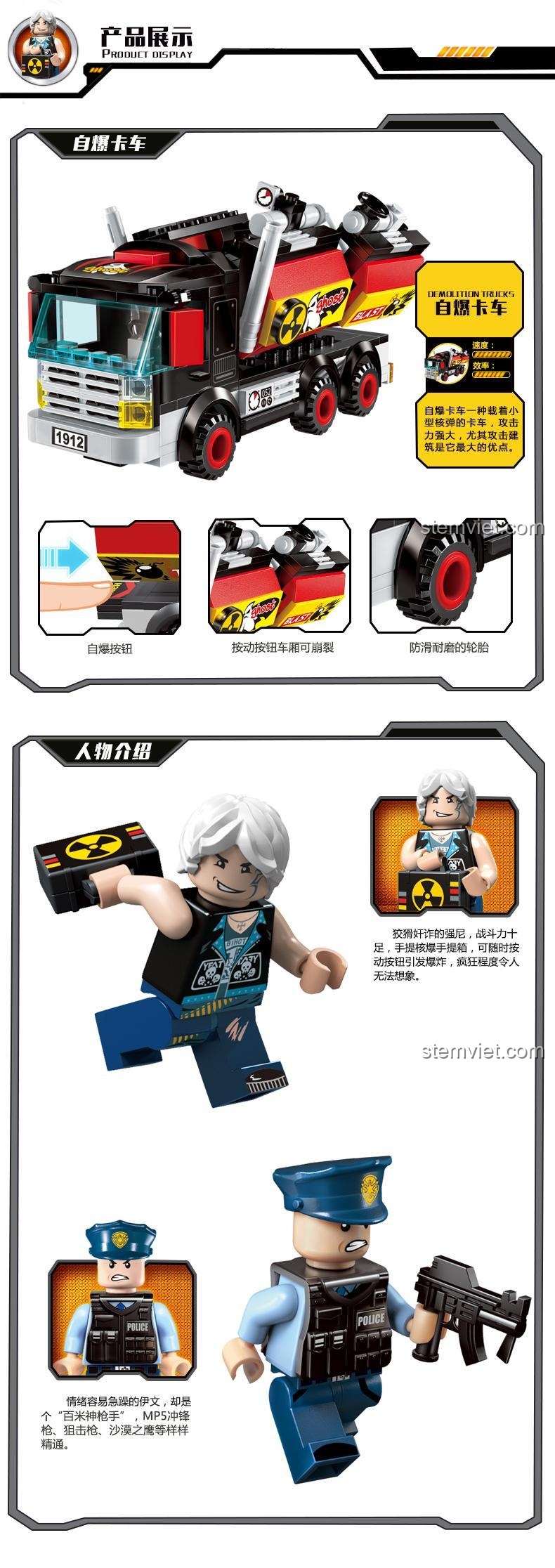 Minifigure cảnh sát và kẻ tấn công từ Xe tải cảnh sát chiến đấu Keeppley 1912, thể hiện biểu cảm đa dạng, tăng cường khả năng kể chuyện.