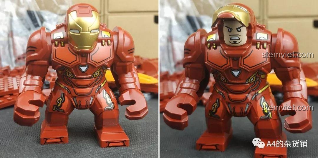 Mô hình minifigure Iron Man dạng bigfig đi kèm bộ SY SY1400 Găng Tay Vô Cực, có thể mở mặt nạ để thấy khuôn mặt Tony Stark.