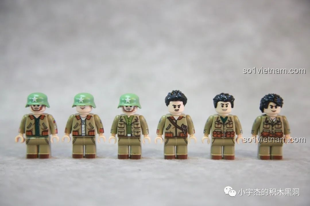 Dàn minifigure lính tăng Mỹ sau khi lắp ráp hoàn chỉnh, với 2 phiên bản đội mũ và không đội mũ.