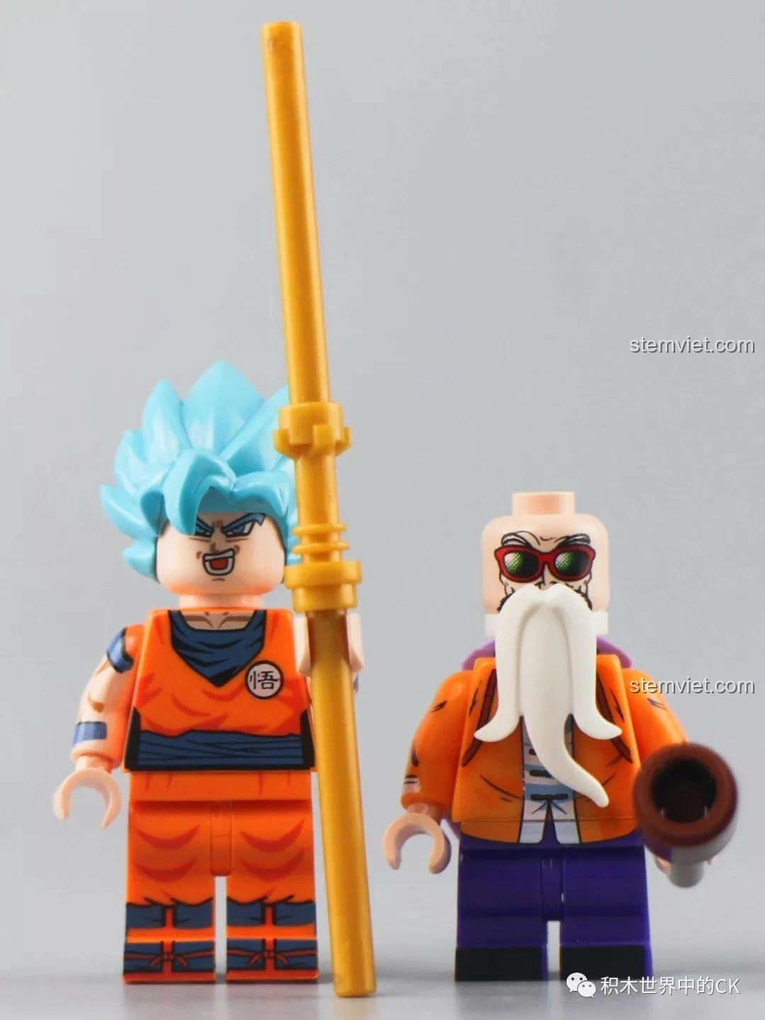 Hai minifigure Tôn Ngộ Không và Quy Lão Tiên Sinh từ bộ SY1404 Võ Đài Đại Chiến Rồng Thần, đứng cạnh nhau với vũ khí đặc trưng.