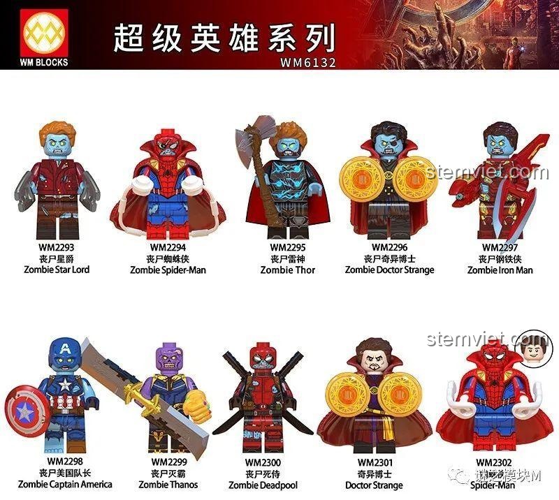 Minifigure Zombie Thanos trong bộ WM6132, cầm Găng tay Vô cực.