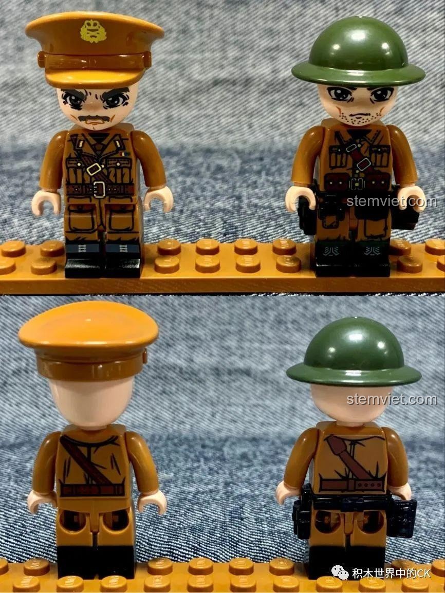Hai minifigure Sĩ quan và Binh lính Anh trong bộ lắp ráp Cuộc di tản Dunkirk, với chi tiết in sắc nét mặt trước và sau.
