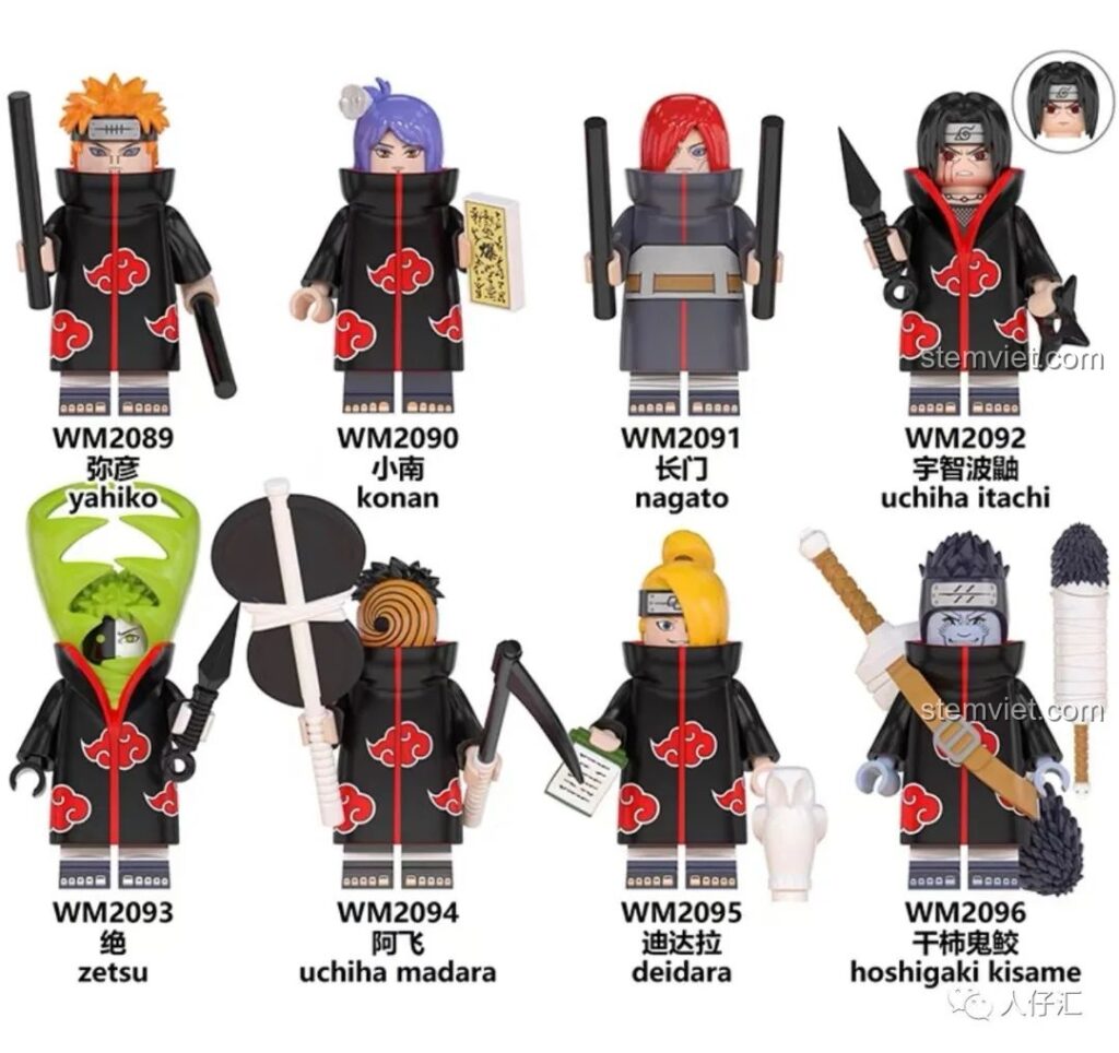 Bộ sưu tập đầy đủ các minifigures Naruto Akatsuki WM2089-WM2096, đồ chơi lắp ráp chất lượng cao cho fan Naruto.