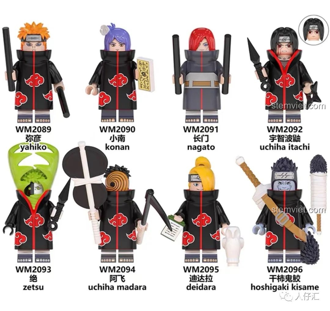 Bộ sưu tập đầy đủ các minifigures Naruto Akatsuki WM2089-WM2096, đồ chơi lắp ráp chất lượng cao cho fan Naruto.