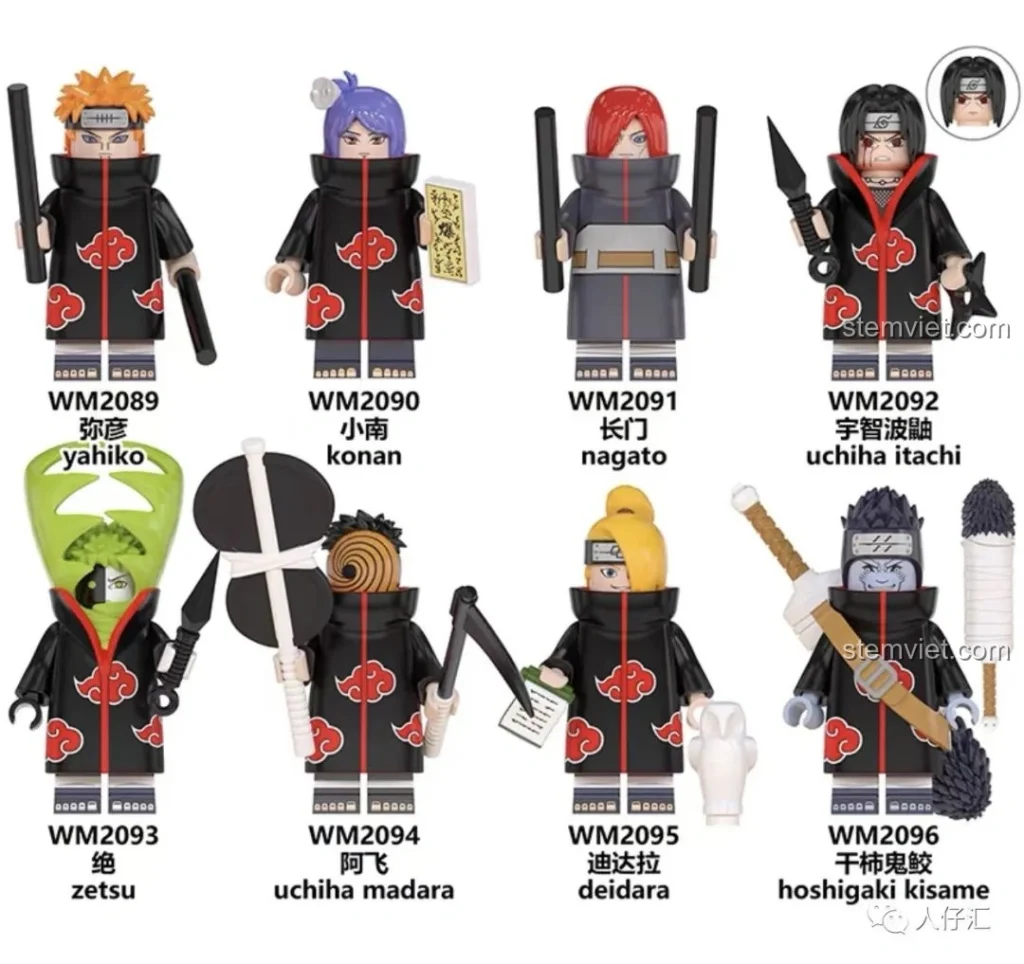 Bộ Minifigures Naruto WM2091-WM2096 Akatsuki đầy đủ các nhân vật Pain, Konan, Nagato, Itachi, Zetsu, Tobi, Deidara, Kisame.