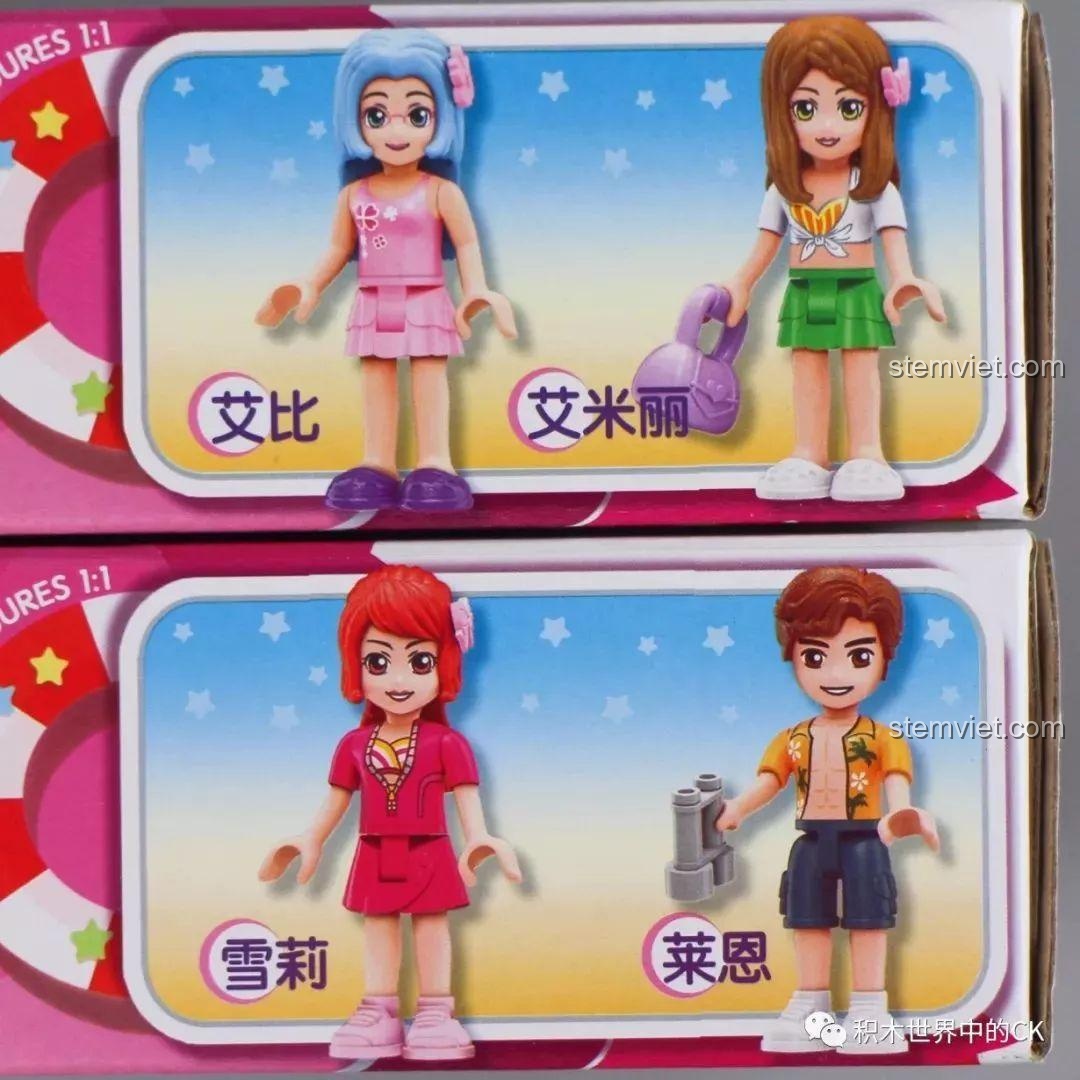 Các nhân vật minifigures trong bộ đồ chơi QMAN Kỳ nghỉ hè trên biển, bao gồm Cherry và Ryan.