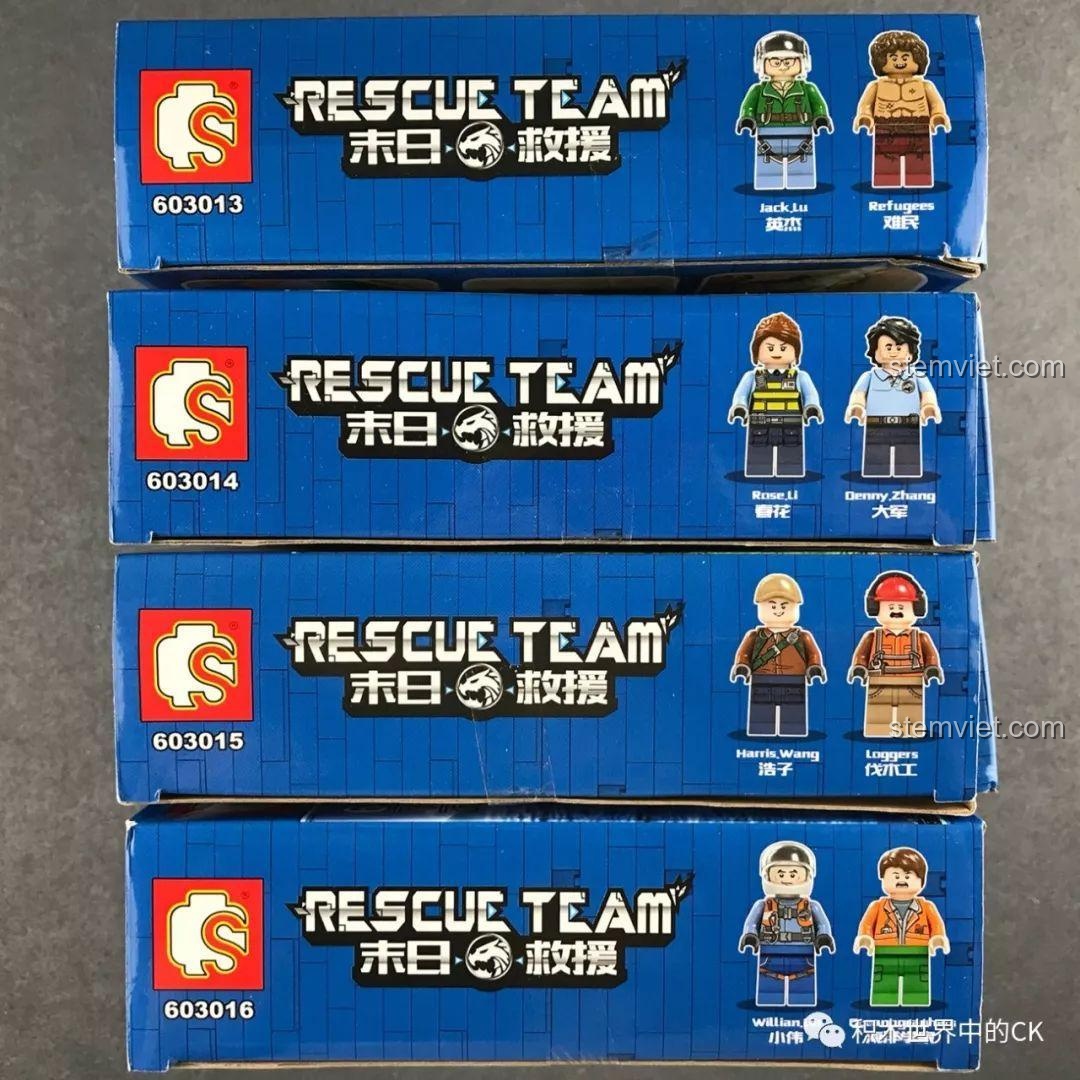 Cạnh các hộp đồ chơi SEMBO Đội Cứu Hộ Ngày Tận Thế, giới thiệu các nhân vật minifigure đi kèm.