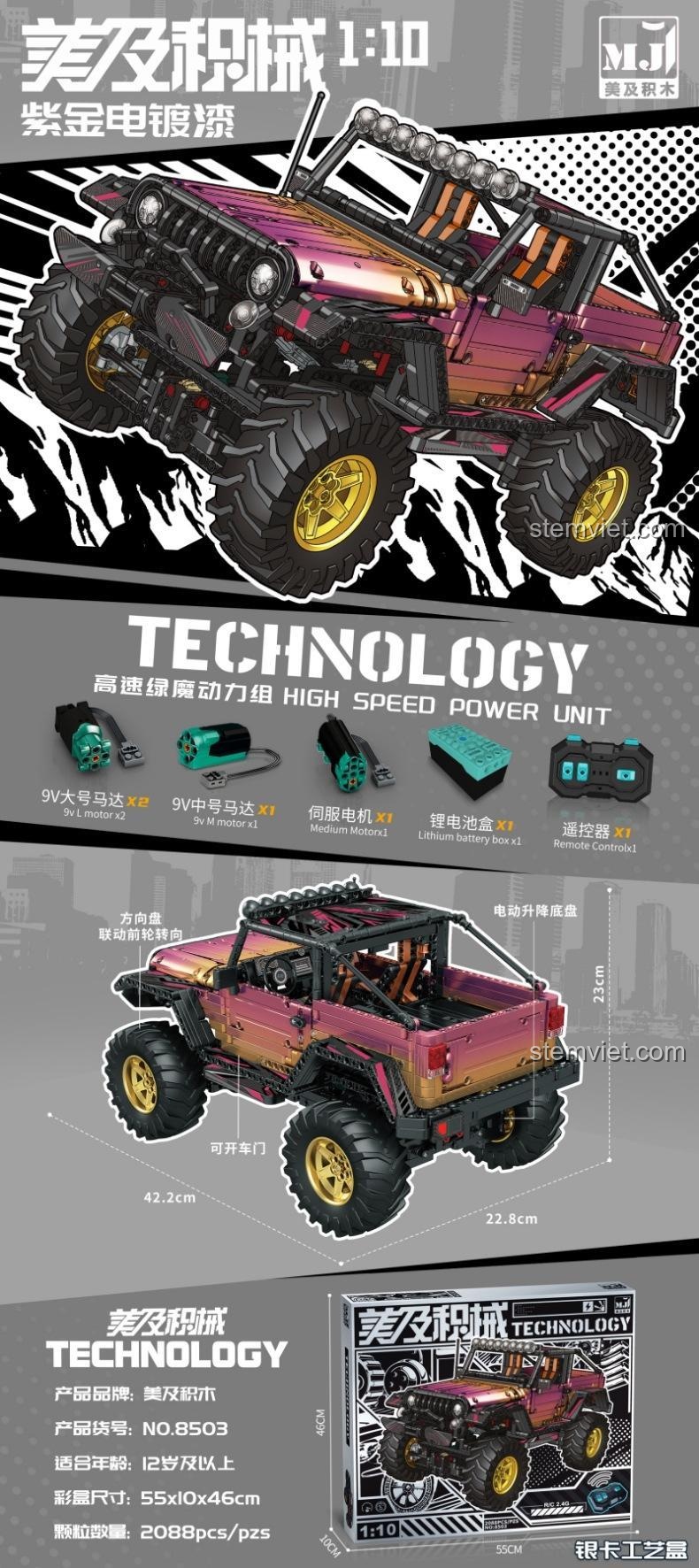 Chi tiết tính năng của bộ lắp ráp xe địa hình RC MJ 8503, bao gồm động cơ, điều khiển từ xa và kích thước mô hình.