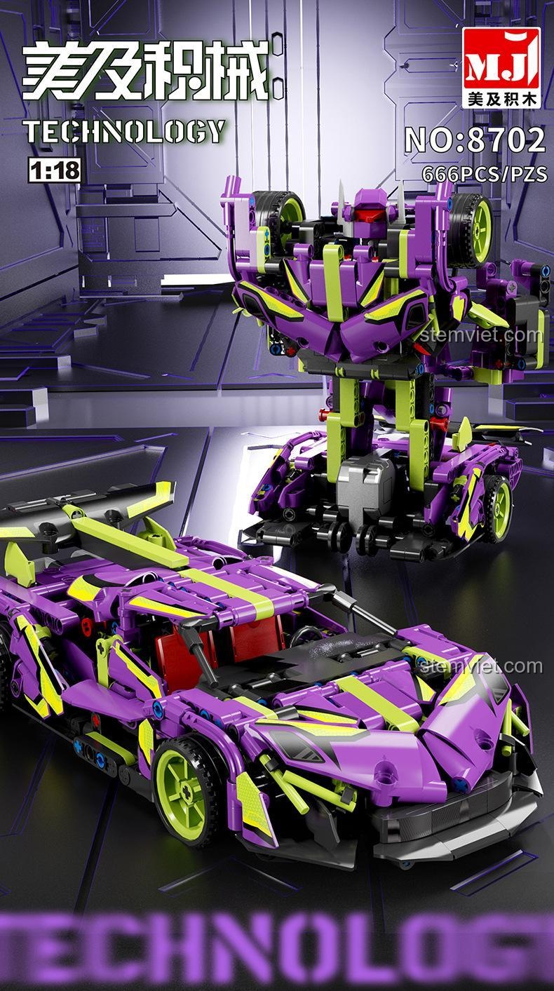 Mô hình MJ 8702 Xe Thể Thao Biến Hình Apollo màu tím xanh lá, đồ chơi lắp ráp xe đua robot cho bé trai, chất lượng cao