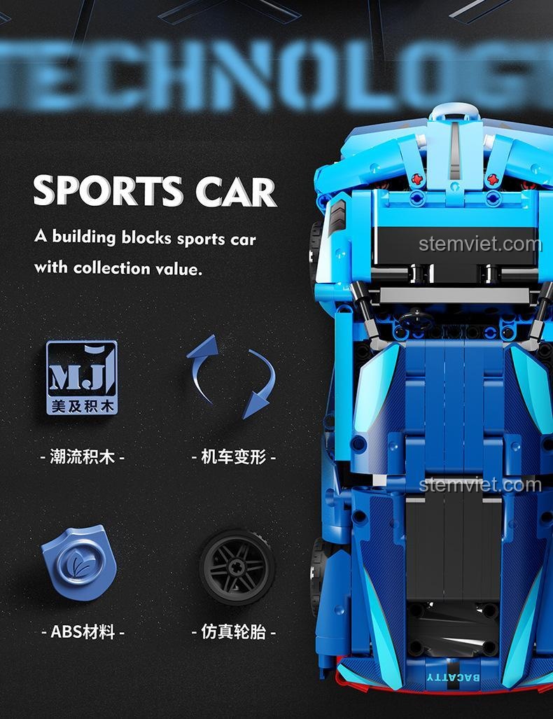 Bộ khối lắp ghép Xe Đua Biến Hình Bugatti MJ Bricks 8701, chất liệu nhựa ABS cao cấp, có tính năng biến hình.