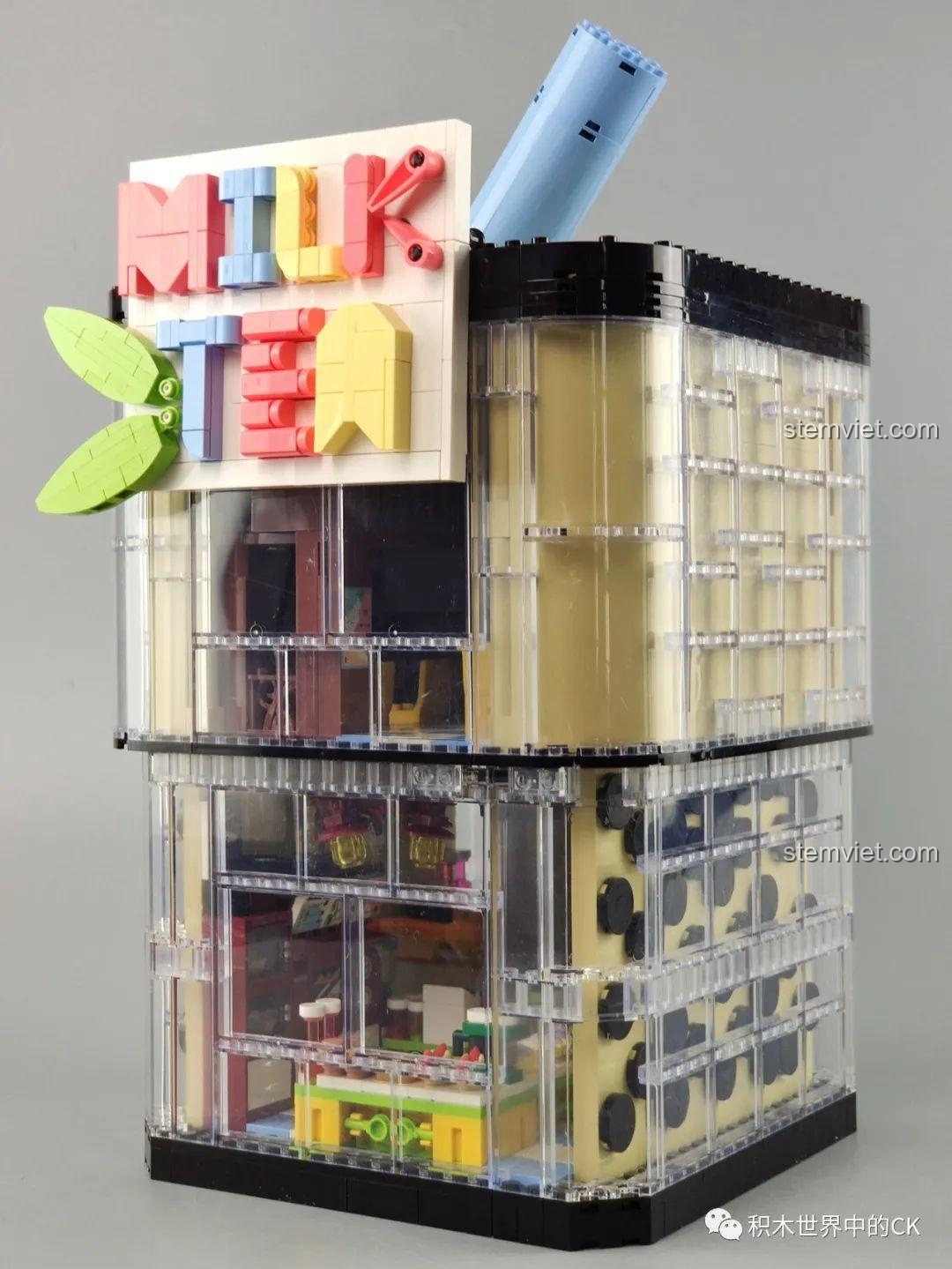 Mô hình hoàn chỉnh của Cửa hàng trà sữa JIAZHI SY 5209 nhìn từ góc nghiêng, thể hiện cấu trúc hai tầng.