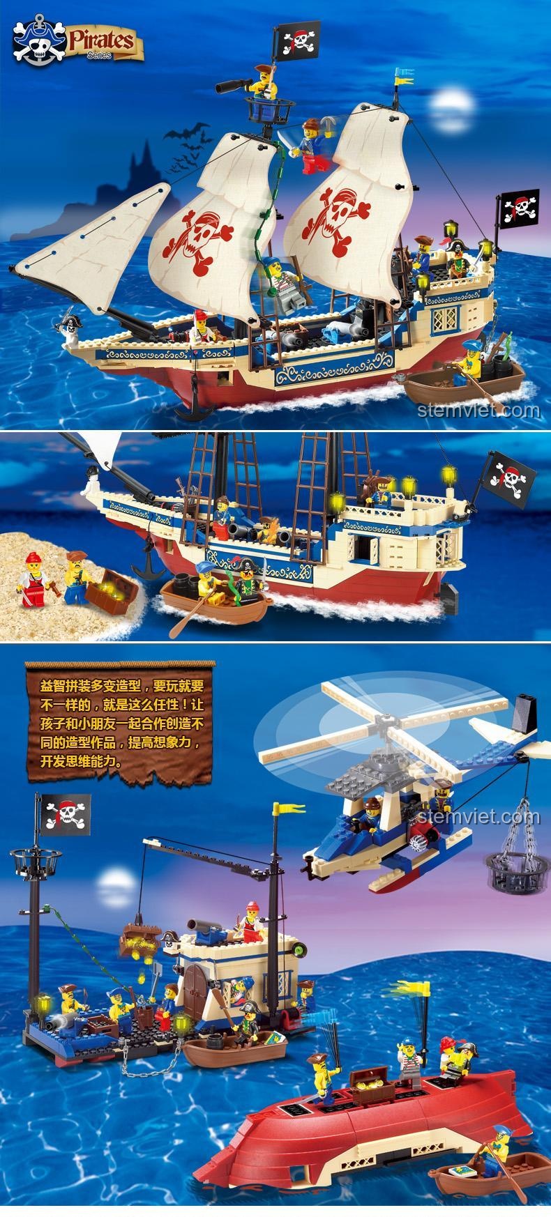 Đồ chơi mô hình Enlighten 311 Tàu Hải Tặc có thể lắp được 3 kiểu khác nhau: tàu hải tặc, trực thăng và thuyền chiến đấu, tăng cường sáng tạo cho bé trai 6 tuổi.