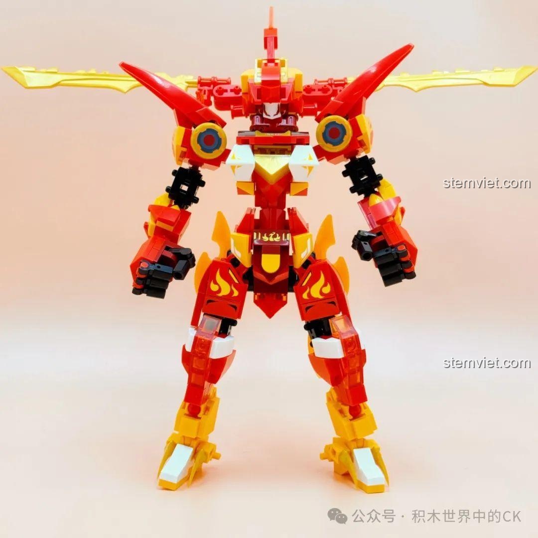 Mô hình Robot Chu Tước SEMBO 106064 hoàn thiện nhìn từ phía trước, màu đỏ và vàng rực lửa, đôi cánh ấn tượng.