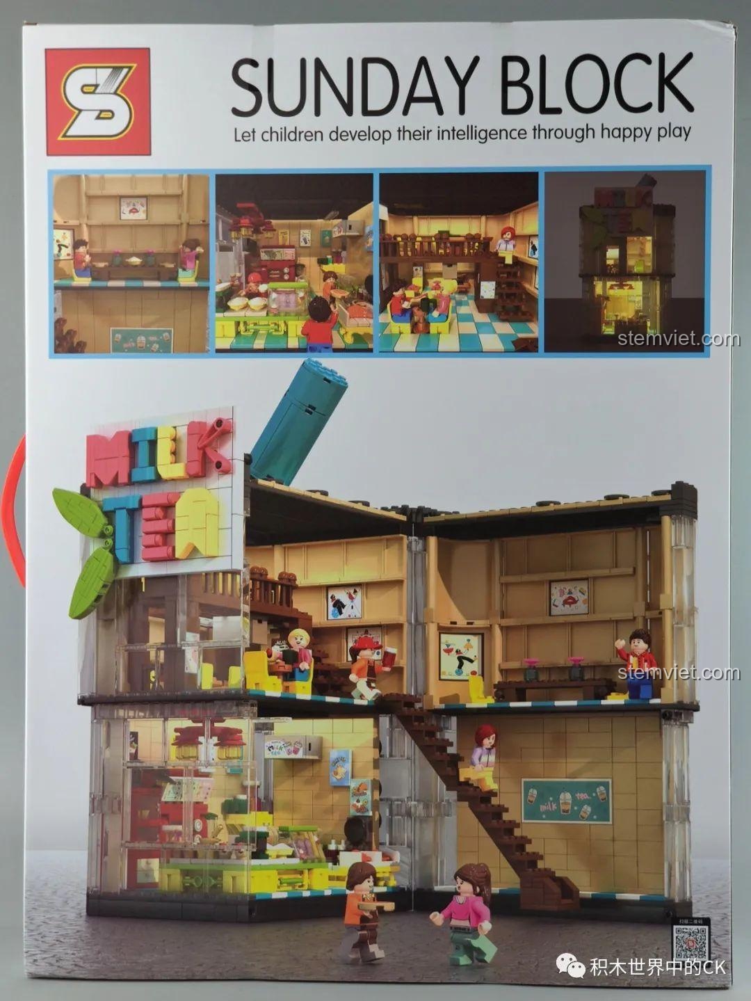 Mặt sau hộp đồ chơi lắp ráp Cửa hàng trà sữa JIAZHI SY 5209, giới thiệu chi tiết nội thất và hiệu ứng đèn LED.