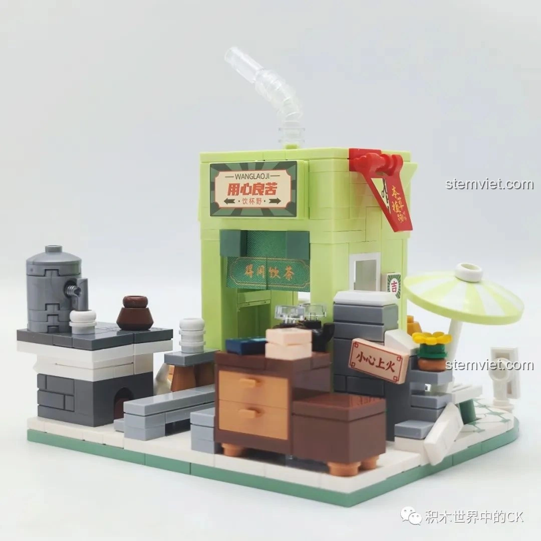 Mô hình Quán Trà Thảo Mộc Vương Lão Cát Wekki 506051 từ góc cao, tổng quan bố cục.