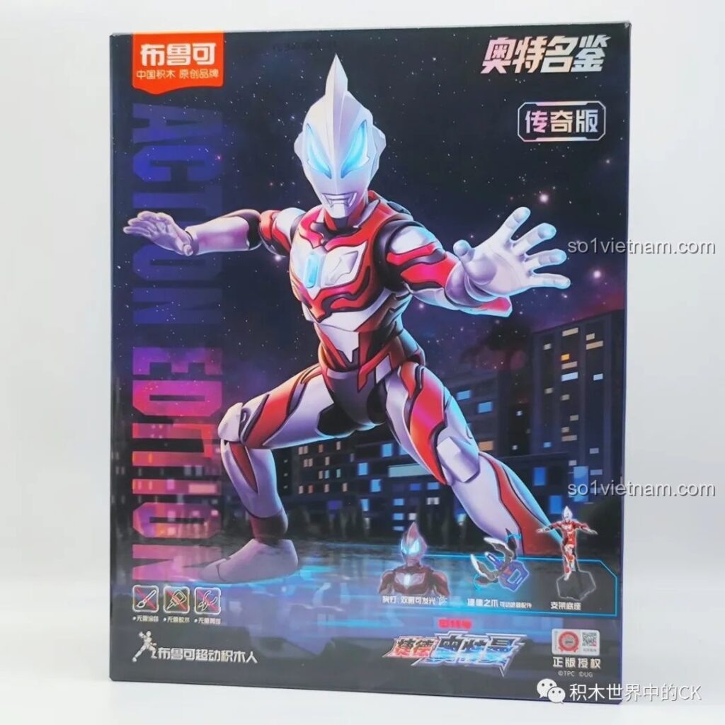 Hộp sản phẩm mô hình lắp ráp Ultraman Geed Bản Truyền Kỳ của BLOKEES với hình ảnh siêu nhân hành động mạnh mẽ.