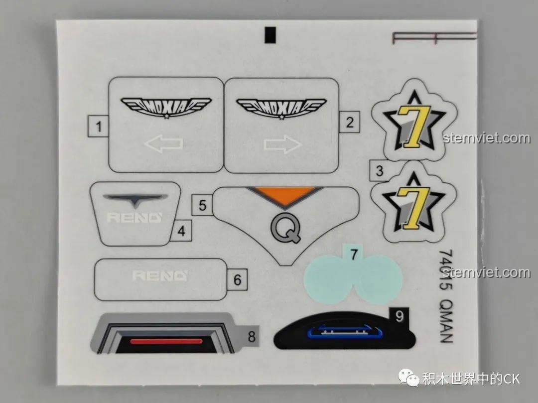 Tấm decal chi tiết với logo và số 7 cho mô hình lắp ráp xe đua Đại Q Ba 74015.