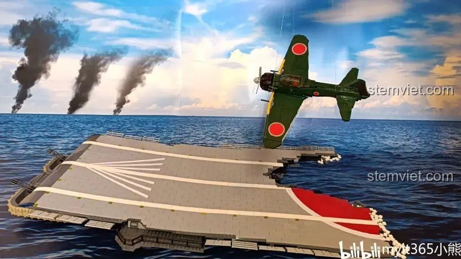 Mô hình máy bay A6M Zero M38-B1108 bay lượn trên mô hình tàu sân bay MOC giữa biển khơi.