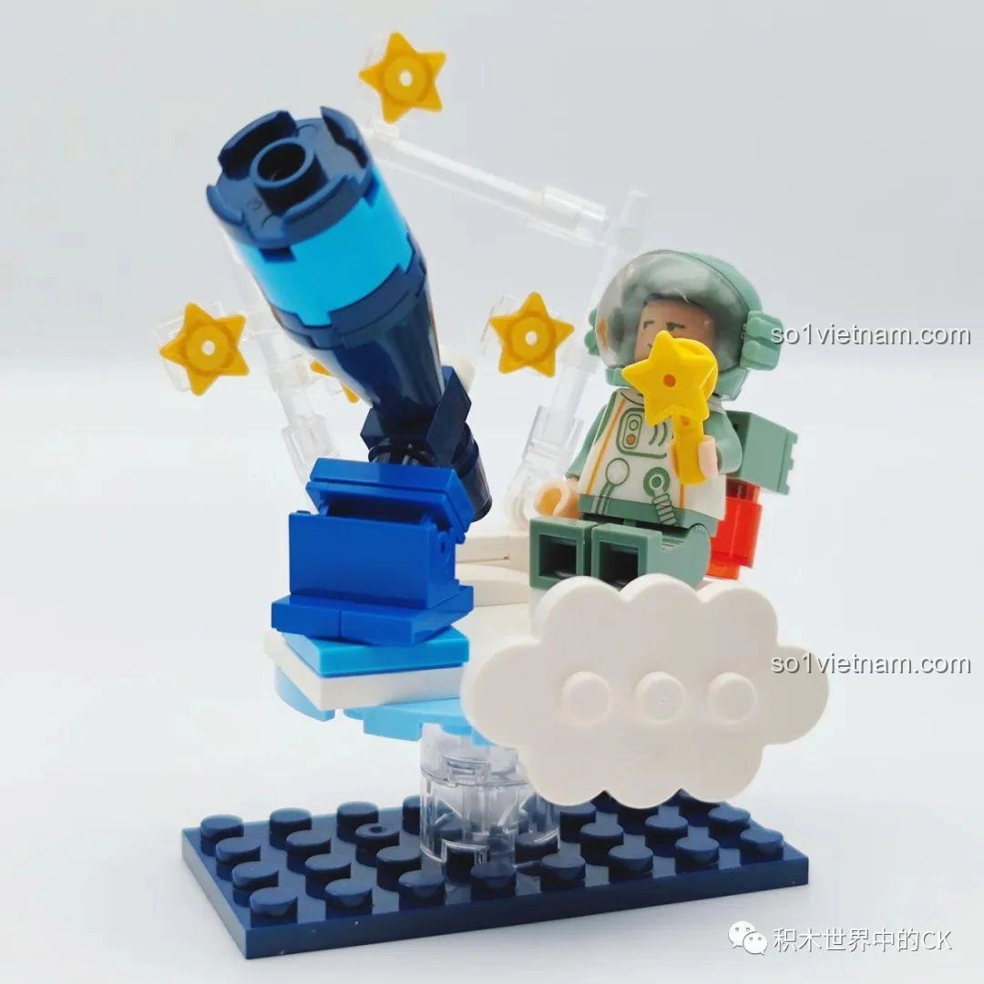 Mô hình Phi hành gia xanh lá Stargazing đã hoàn thành, với phi hành gia màu xanh lá, kính thiên văn và các ngôi sao, thuộc bộ đồ chơi WISE BLOCK HA390213.