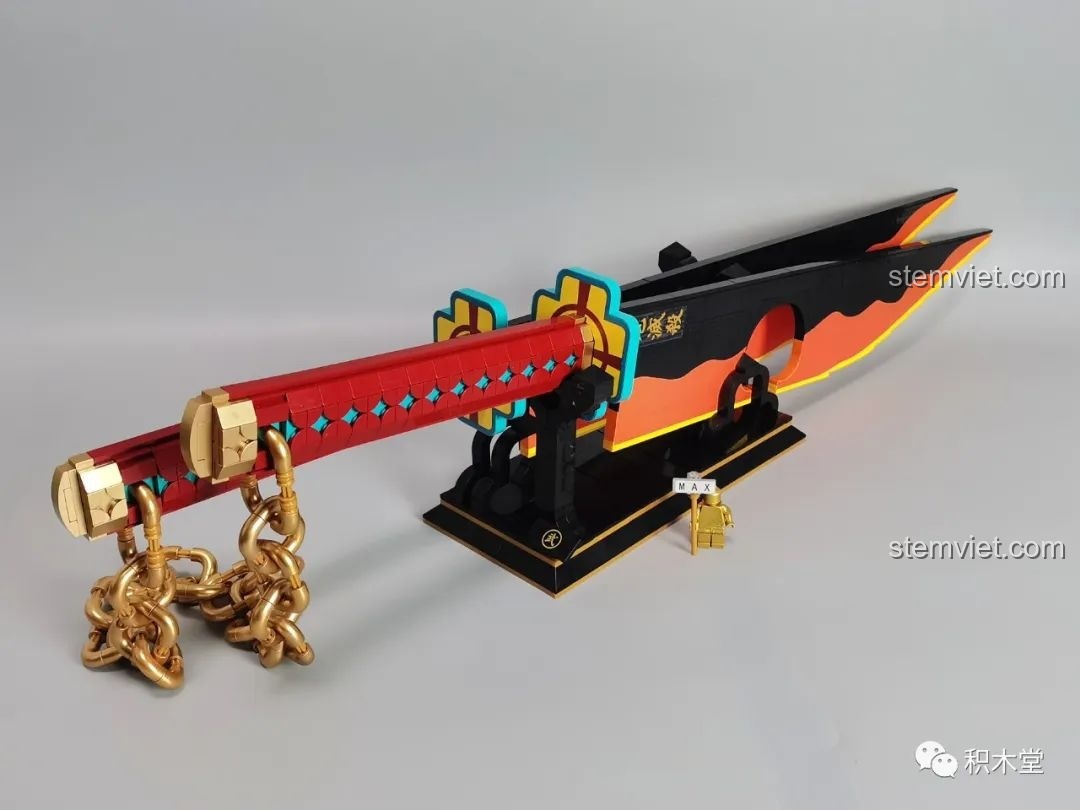 Mô hình Song Đao Nichirin của Âm Trụ Uzui Tengen DK 1507 hoàn chỉnh, trưng bày trên giá đỡ.